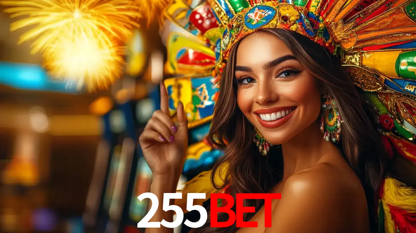 Mulher sorridente com um cocar de carnaval vibrante e colorido, celebrando uma grande vitória nos jogos do cassino 255BET com fogos de artifício ao fundo.