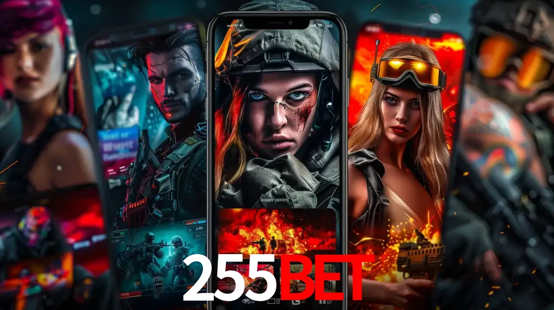 Montagem de telas de celular mostrando diversos personagens, masculinos e femininos, de um jogo de tiro, ilustrando a diversidade de equipes de e-sports para apostar no 255BET.
