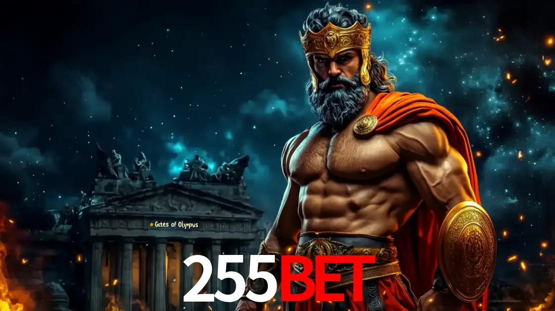 O poderoso Zeus do jogo de slot Gates of Olympus em frente ao seu templo, pronto para lançar multiplicadores divinos e prêmios épicos no cassino online 255BET.