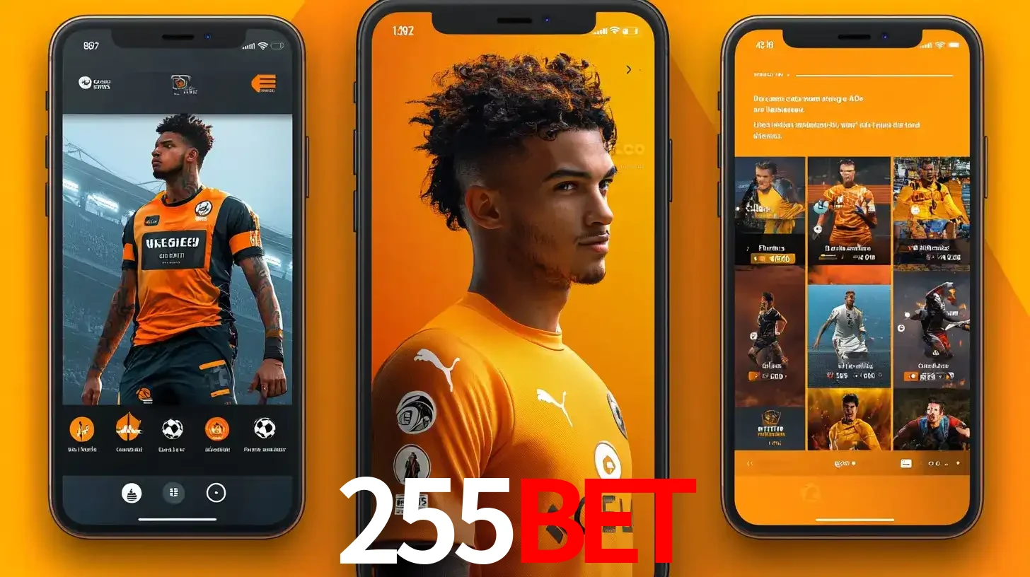 Interface do aplicativo de apostas esportivas 255BET em três telas de celular, mostrando o perfil de um jogador de futebol e a lista de jogos disponíveis para apostar.