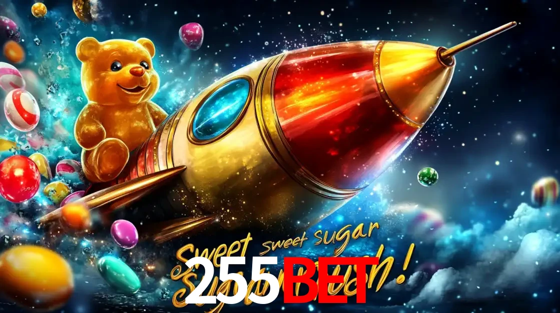 Arte promocional do jogo de slot Sugar Rush, com um urso de pelúcia em um foguete viajando pelo espaço de doces, um dos jogos divertidos disponíveis no cassino 255BET.