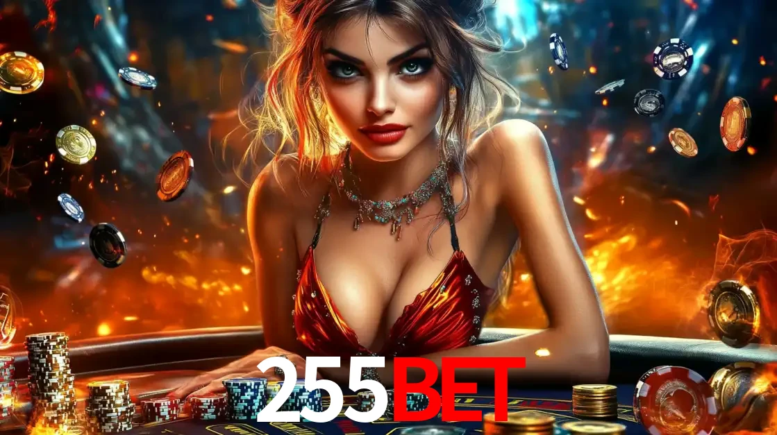 Mulher em uma mesa de cassino com pilhas de fichas e um fundo de fogo, pronta para uma rodada de altas apostas nos jogos de mesa emocionantes do cassino 255BET.